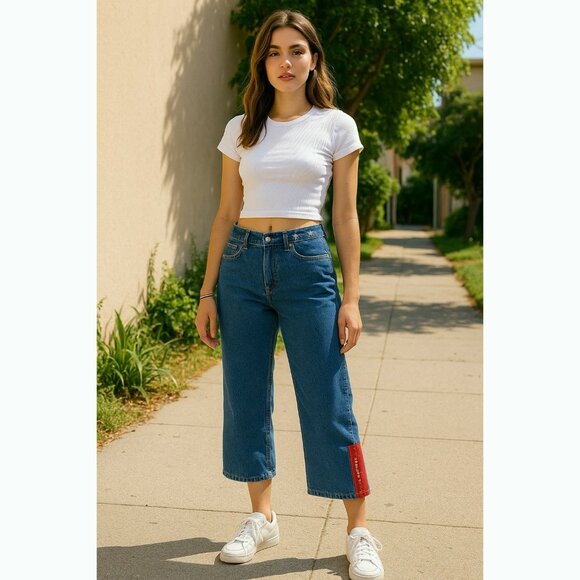 Tommy Jeans Tommy Girl Y2K Women’s Sz 9 Cropped Wide Leg Jeans Embroidered Stars - Picture 1 of 12